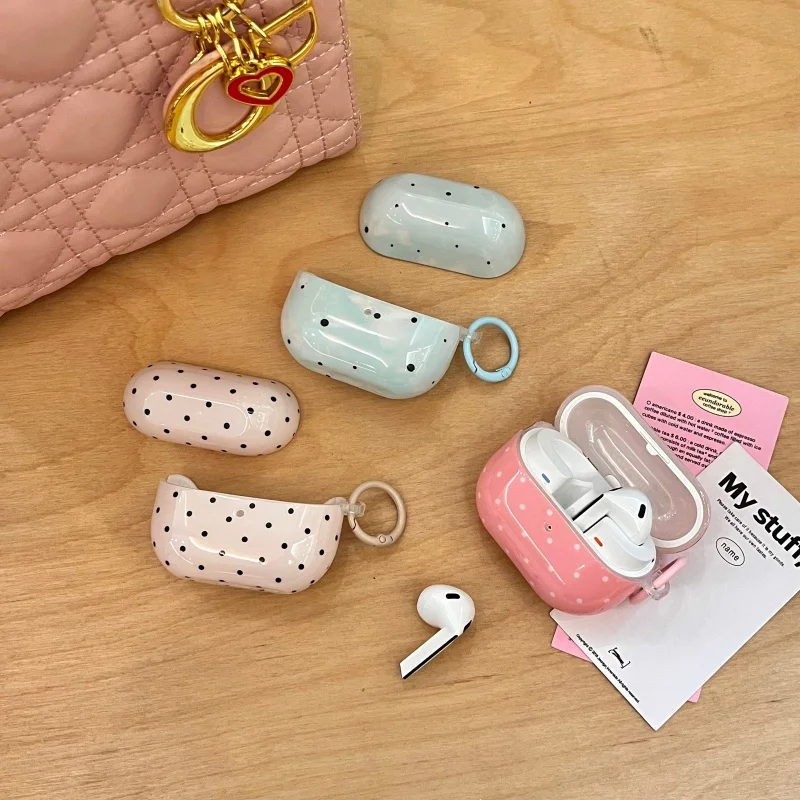 Pink Polka Dot Glossy Protective Case For Samsung Galaxy Buds 2 Buds 3 case Buds 4 With Keychain Shockproof Hard Earphone Cover