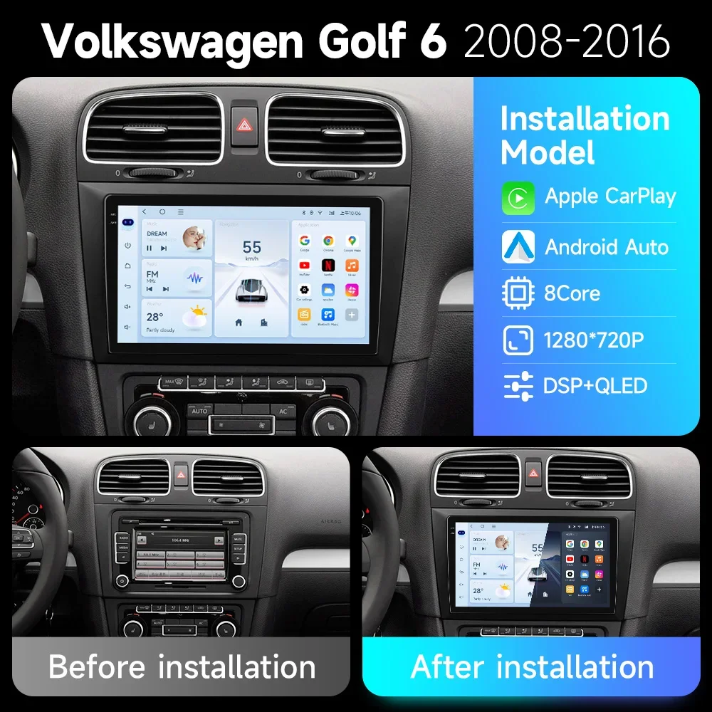 2 Din Android Car Radio for Volkswagen VW Golf 6 MK6 GTI 2008-2016 with Wireless Carplay 4G DSP Multimedia Auto System