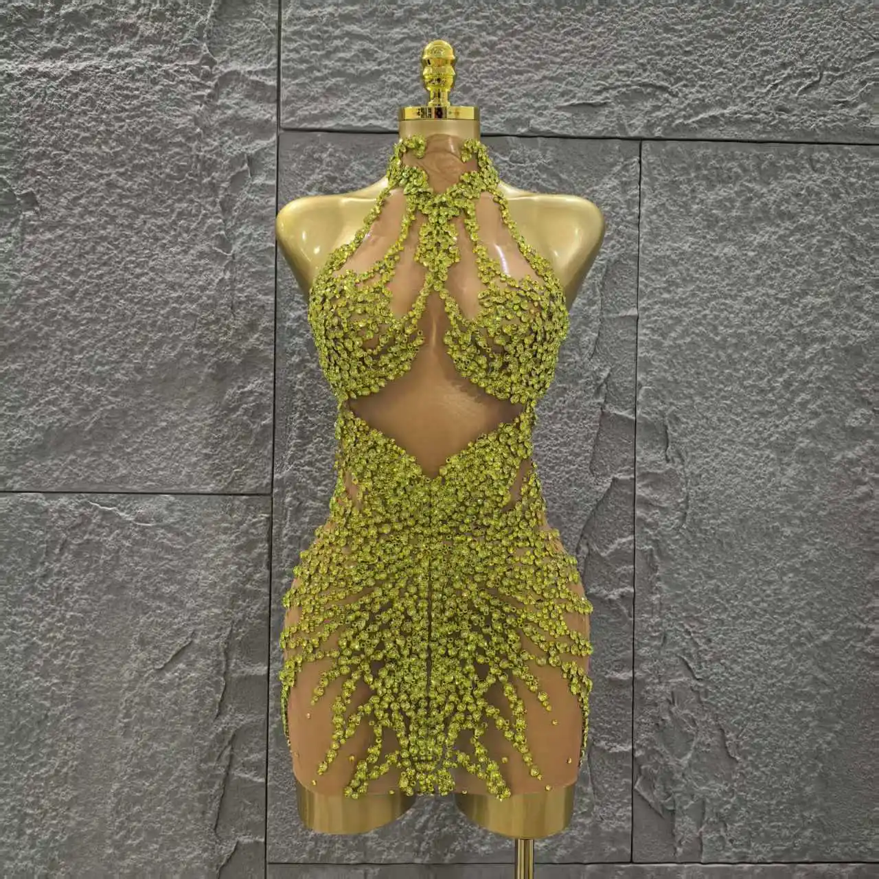 

Shinning Crystal Women Sexy Sleeveless Mesh See Thorugh Bodycon Mini Dress Nightclub Party Bar Singer Performance Stage Wear