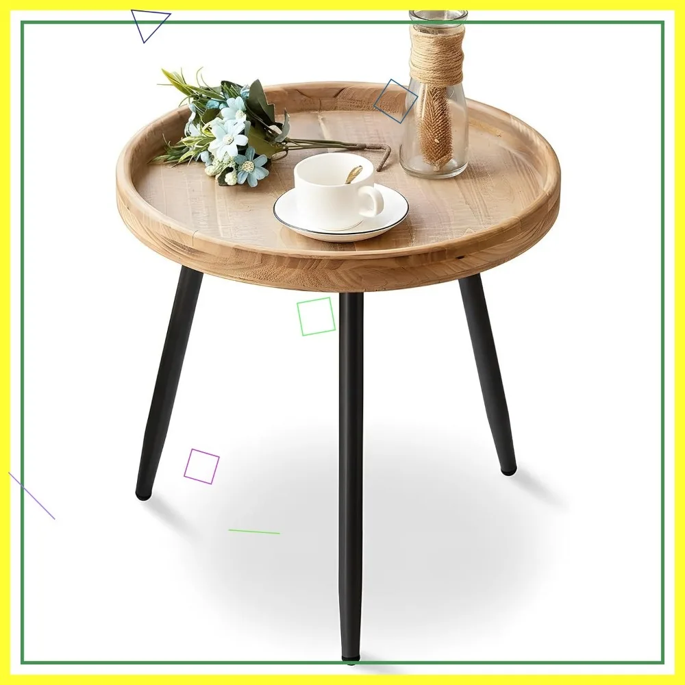 

Round End Table with Wooden Tray, Metal Legs for Living Room Bedroom Office Small Space
