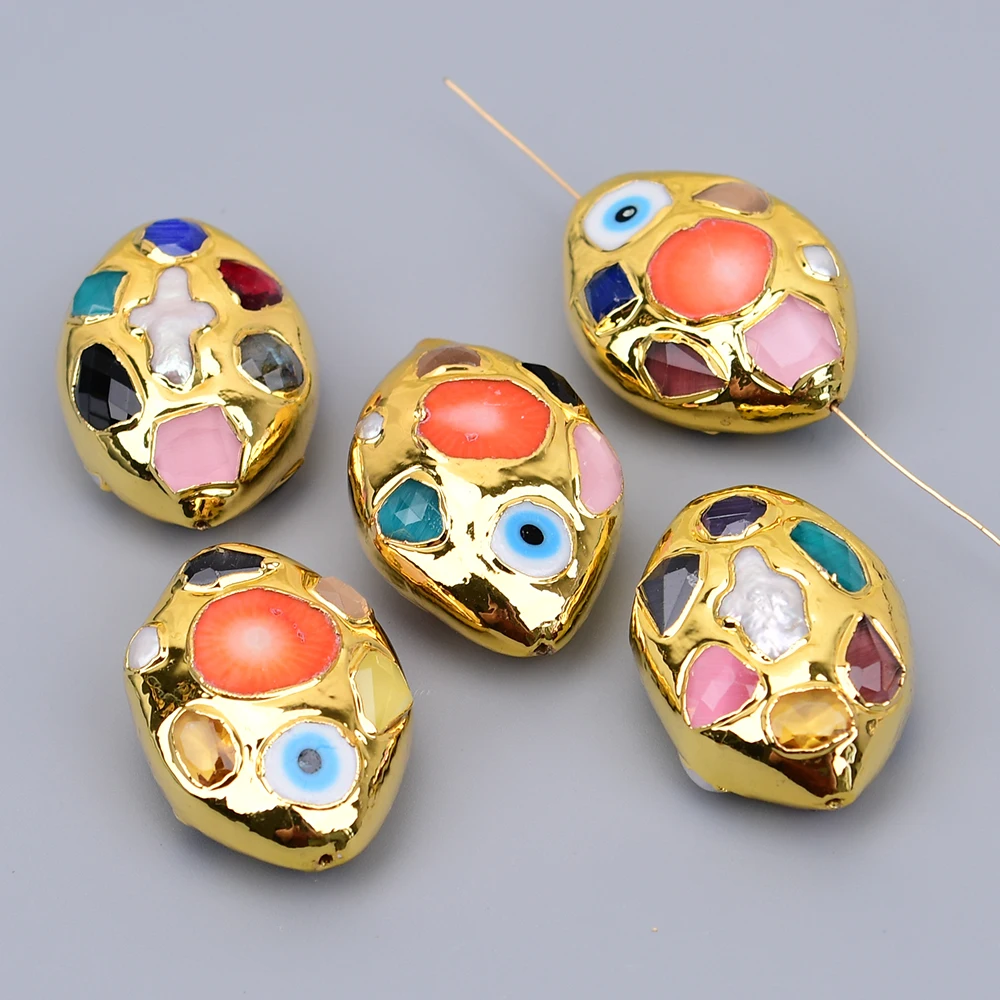 APDGG 5 Pcs Big 25x35mm Cultured White Pearl Orange Coral Mix Color Crystal Oval Gold Edged Pendant Spacer Beads Jewelry DIY