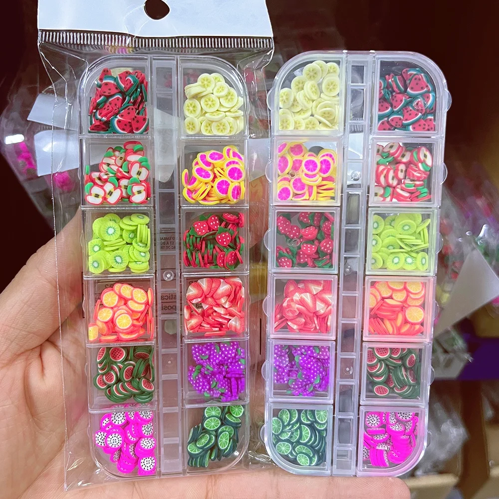 12Grid Mixed 3D Fruit Slices Nail Charm Polymer Clay Lemon/Watermelon/Strawberry DIY Crafts Rhinestone Nail Art Decoration