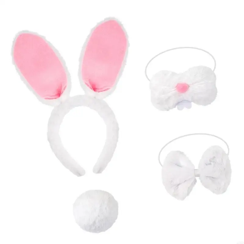 270D 4 pezzi per bambini adulti coniglietti costume accessori set orecchie coniglio fascia papillon coda coniglio naso per