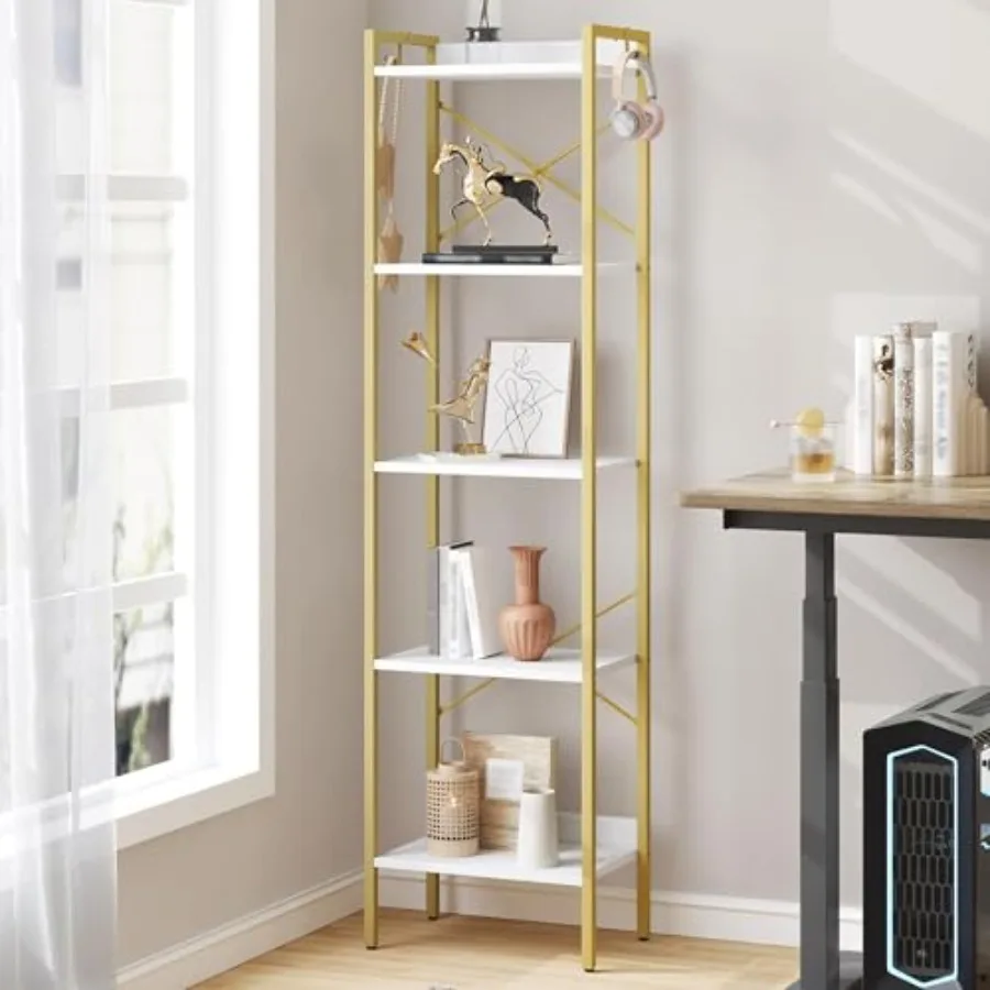 

Bookshelf, Book Shelf, Industrial Bookcase with 2 Hooks, Coner Shelf Storage Organizer for Home Office, Living Room, Bedroom, K