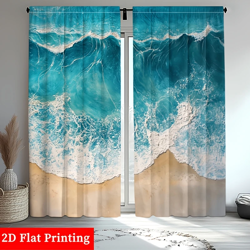 2pcs Decorative Blue Ocean Wave Printed Curtain Pair Coastal Beach Sea Print Room Window Curtains for Living Room Decor