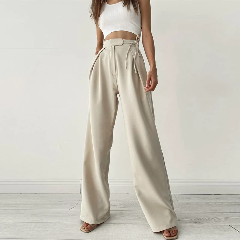 

Women Clothing Apricot Lace Up Wide Leg Pants High Waist Solid Color Niche Design Sense Casual Simple Style Pants for Women