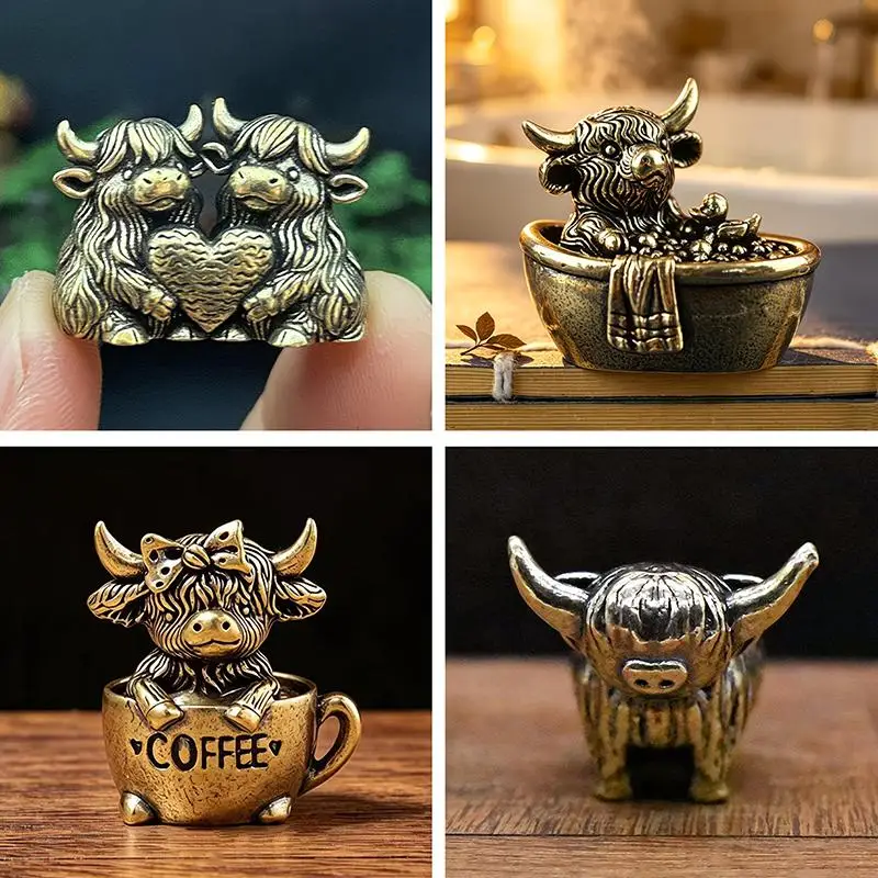 Vintage Brass Highland Cow Figurine Mini Bull Statue Fengshui Lucky Decor Desk Ornament For Home Office Creative Gifts