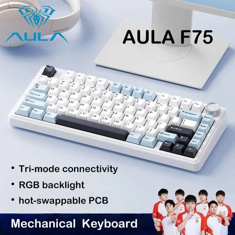 AULA F75 Tri-Mode 2.4G Bluetooth Wired Mechanical Keyboard 75% Layout Gasket Mount Hot-Swap RGB OEM Profile for Mac/Win