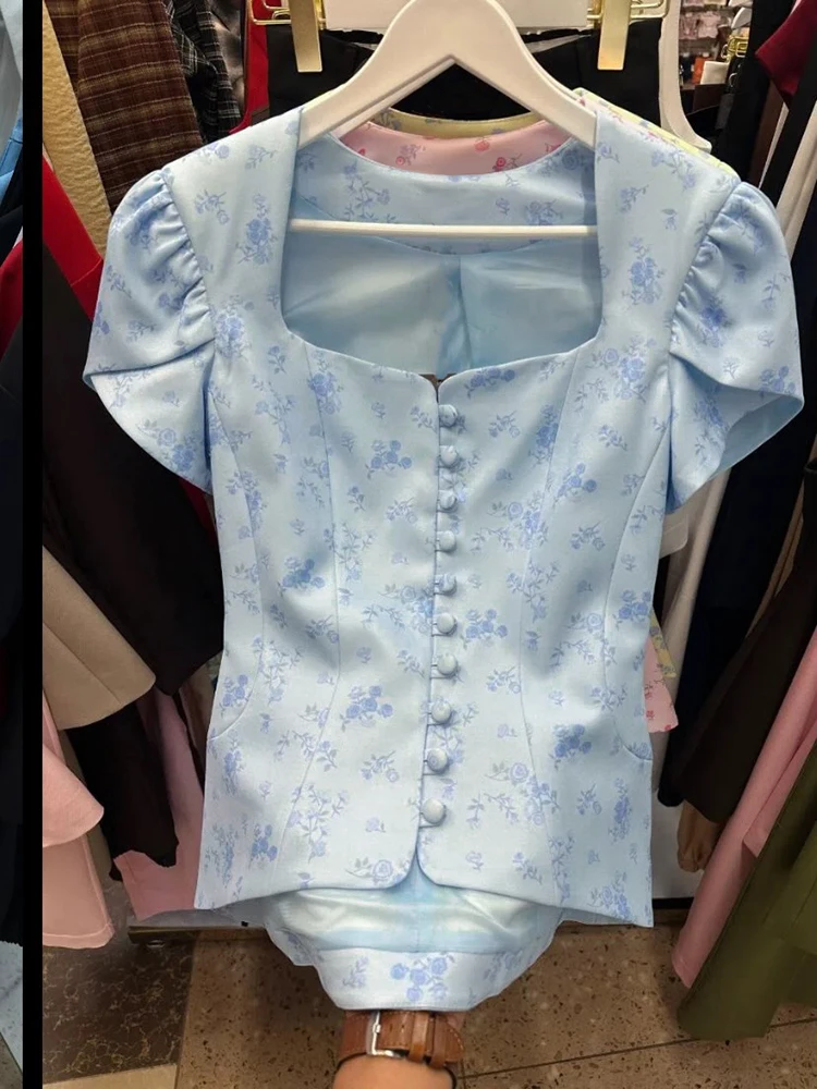 Bedruckte Kurzarm-Dünnmäntel für Damen Süßer Quadratischer Ausschnitt Puffärmel Tailliert Einreihig Schlanke Oberteile Neue Damen-Partykleidung – Detail 15