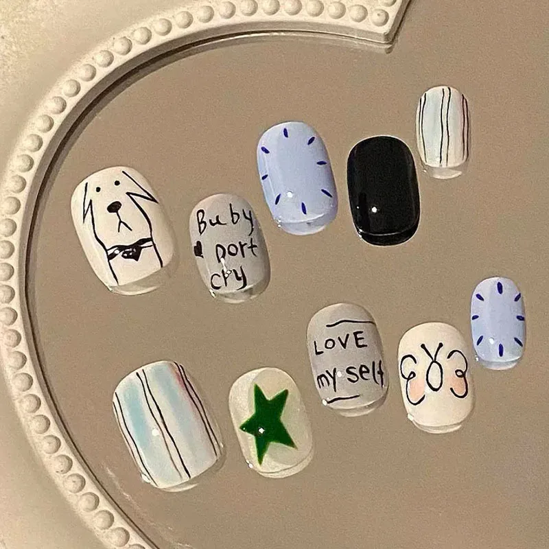 30PCS Nail Stickers, Cute Cartoon Niche Design for Fall/Winter, Short Bean-Shaped Press-On Nail Art, Perfect Gifts for  Girl
