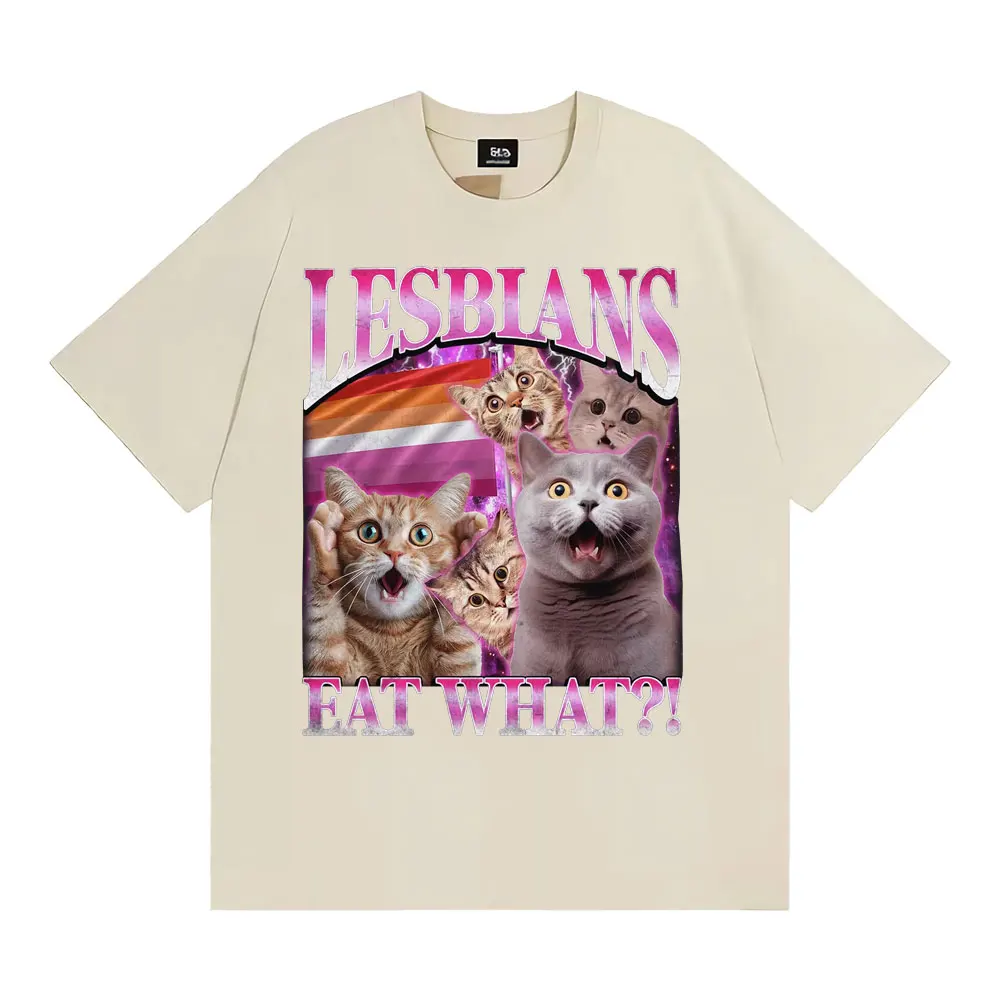 المثليات يأكل ما مضحك القط ميمي تي شيرت الرجال النساء موضة خمر تي شيرتات قصيرة الاكمام عالية الجودة عادية القطن 100% تي شيرت #6