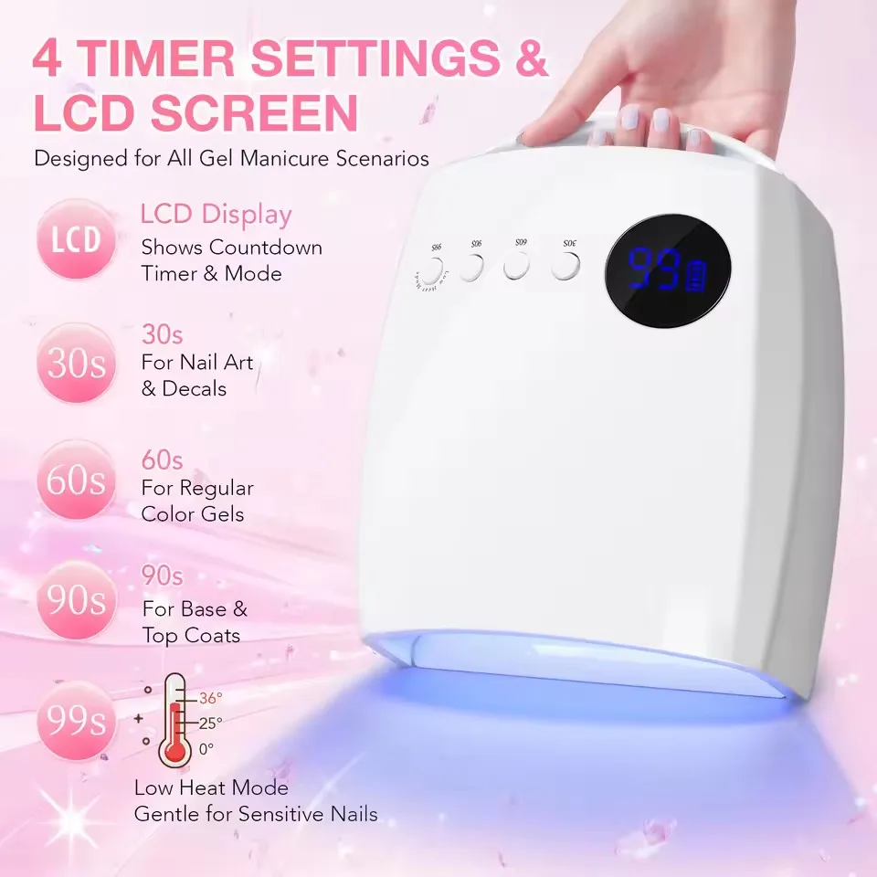 مصباح معالجة جل محمول احترافي مع 4 إعدادات للمؤقت 45 مصباح أظافر قابل لإعادة الشحن مصباح تجفيف طلاء جل