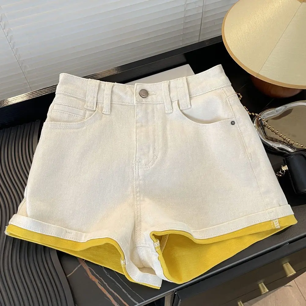 Lemon Yellow Denim Shorts Summer New Design High Waist Contrasting Hot Pants