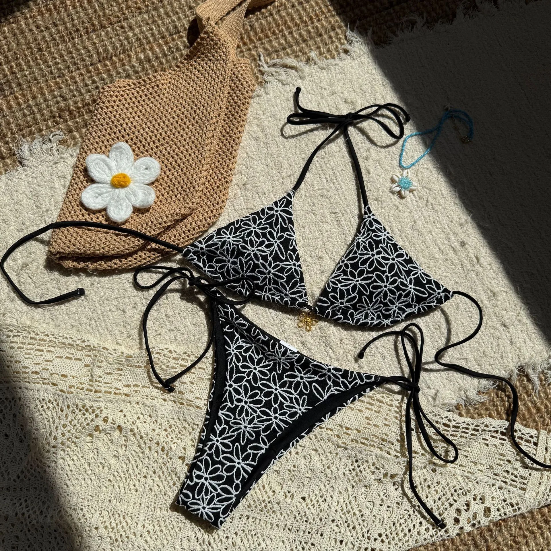 Swimwear Women Bikini Triangle Top Bikinis Tie Side Bottom Swimsuit Halter Neck Black Two Piece Swimsuit Adjustable Straps Pink