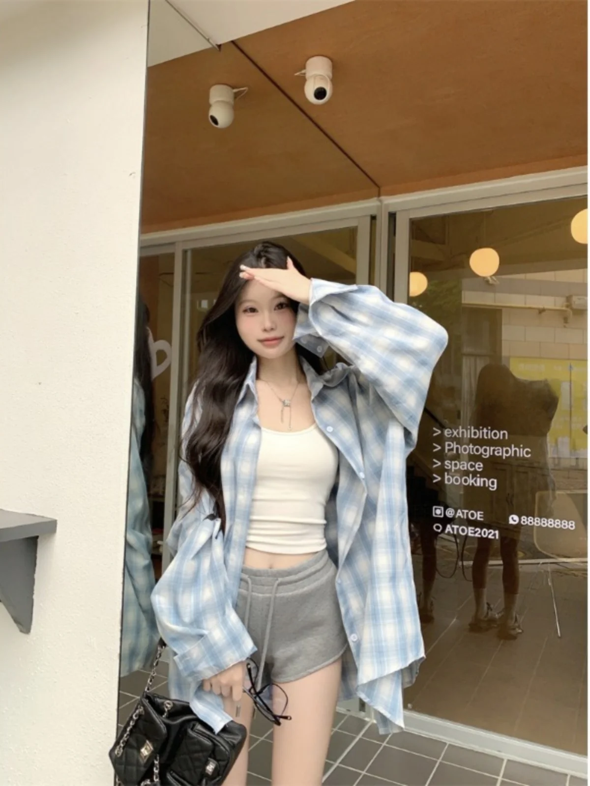 

Casual Plaid irt Summer 2025 New Loose Lazy Design Long Sve Sun Protection Top Polyester Fiber 00% Women's Faion