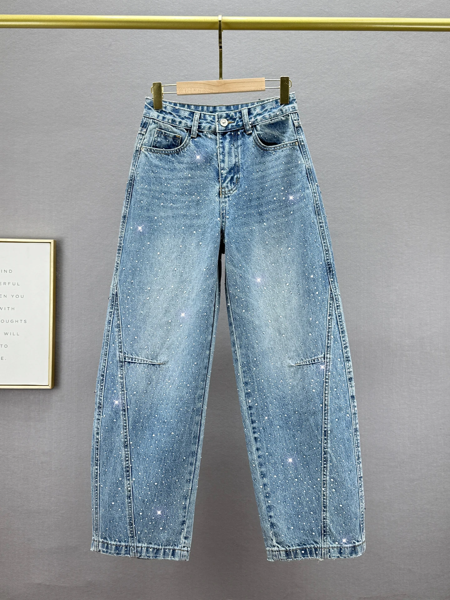 

High Waist Loose Fit Women's Jeans Glittering Diamond Design Spring 2026 European Sle Faion Long Pants Slimming Effect