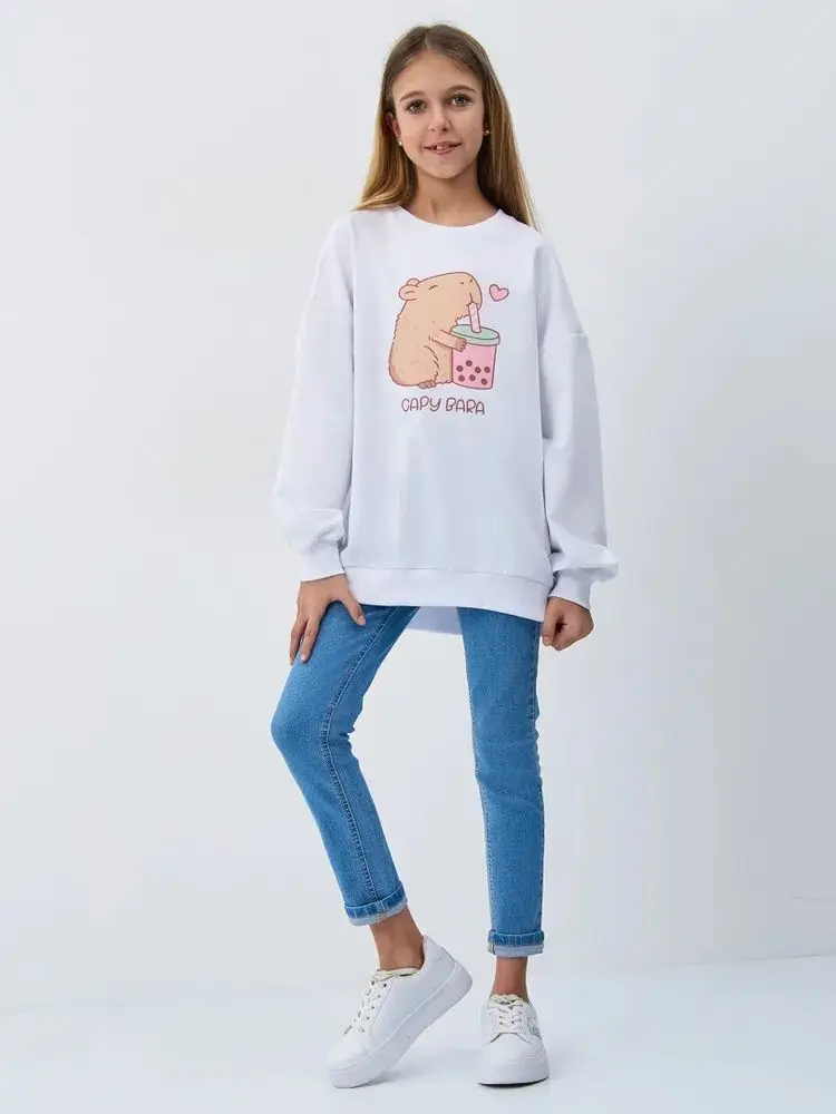 สาวรัสเซียน่ารักเสื้อสีขาวน่ารักกระรอกการ์ตูนพิมพ์เสื้อแขนยาว Oversize ขนาดใหญ่หญิงสาวสบายๆ