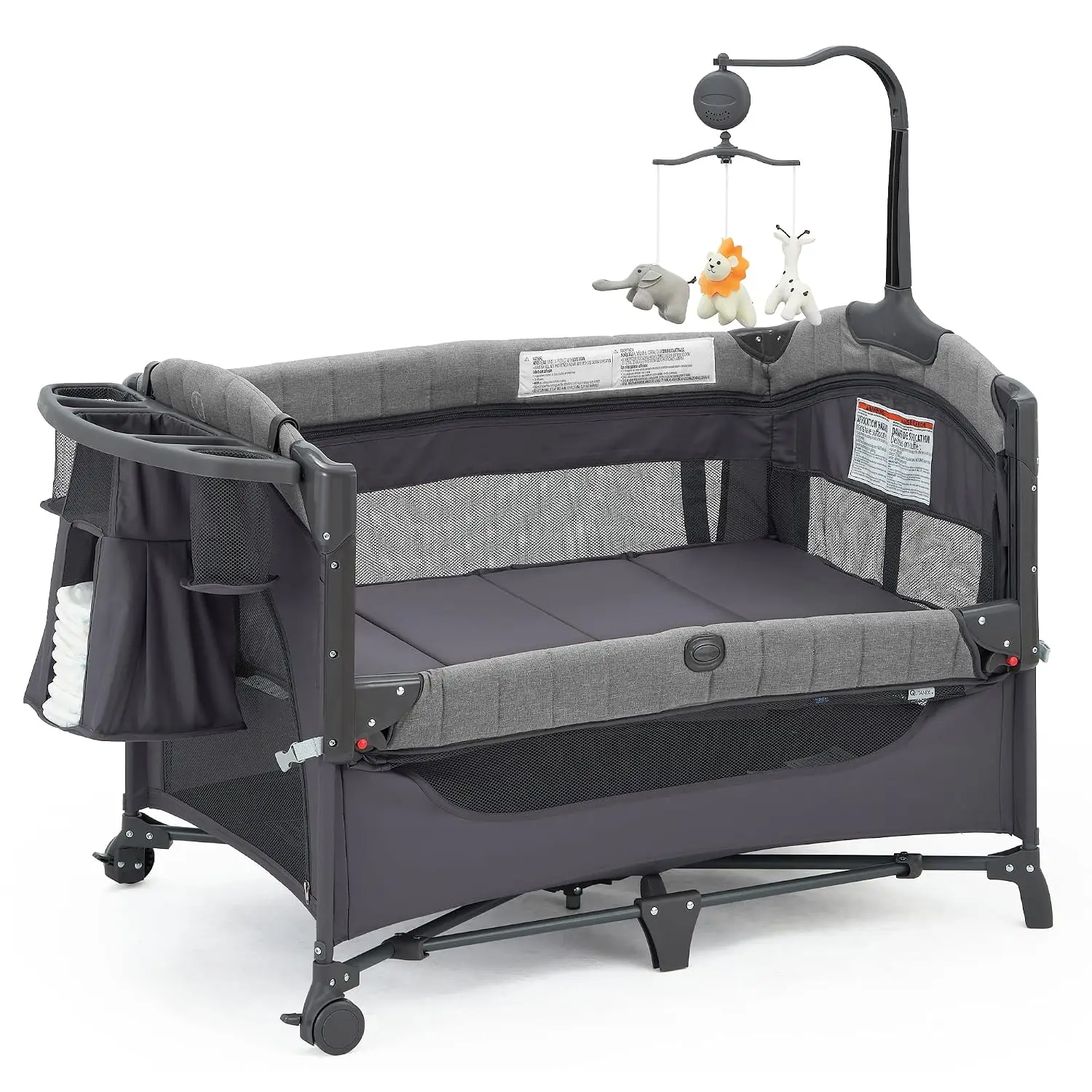 QUTANIX Baby Bedside Bassinet Sleeper,5-in-1 Pack and Play with Full-Size Bassinet,Baby Playard with Changing Table,Storage Shel