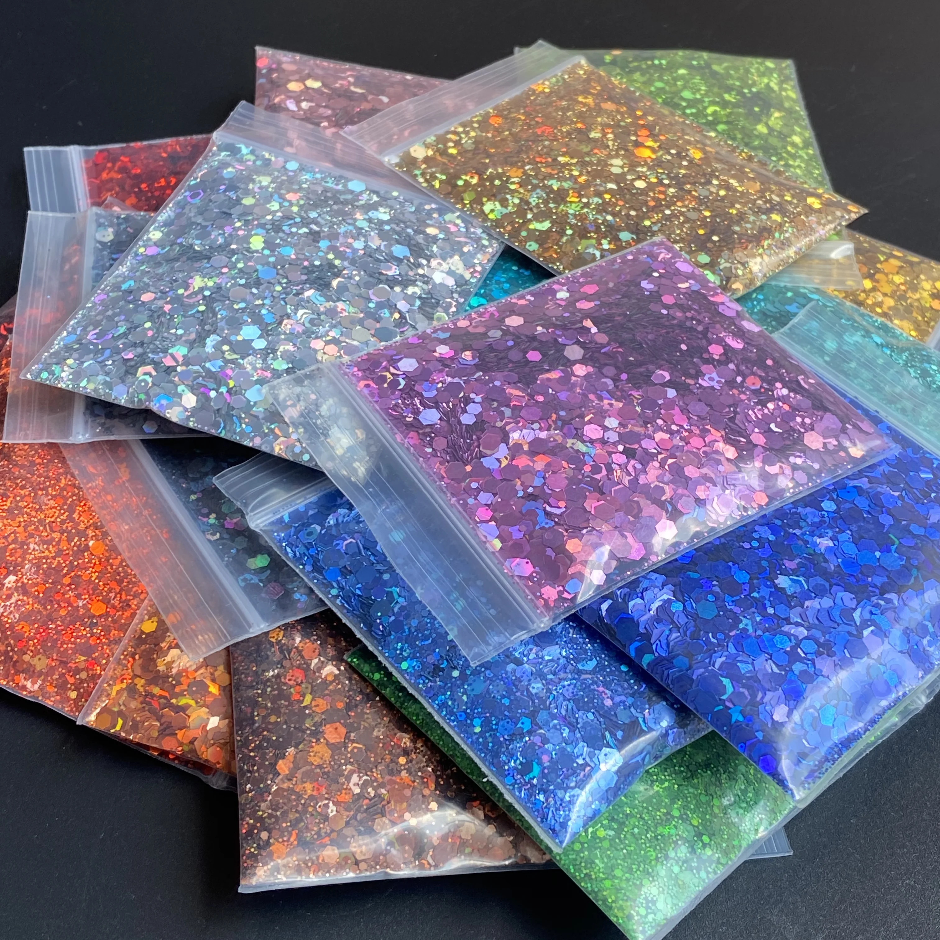 Conjunto de glitter holográfico para o prego, conjunto de 10 g/saco, holográfica, camaleão, hexágono, poliéster, tamanhos mistos