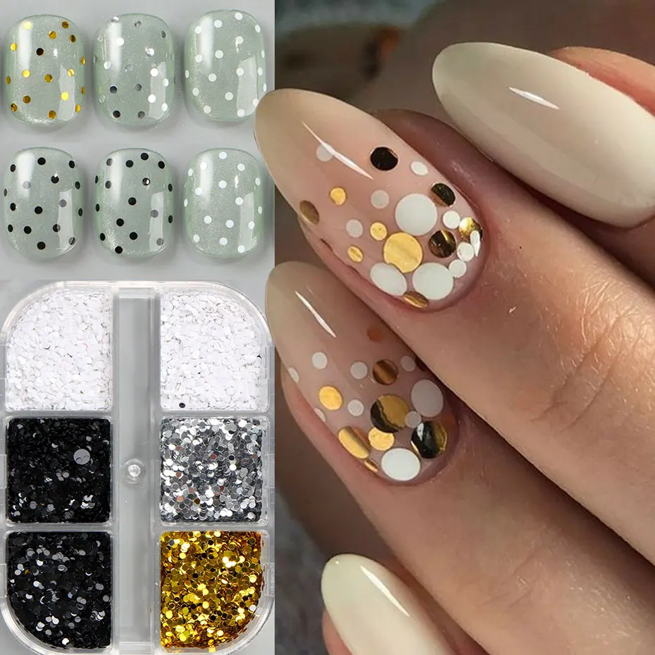1 กล่อง 6 กริด 3D มินิรอบเล็บเลื่อม Kawaii เกาหลี Black Dot Nail Art Flake Y2K Golden Silvery Shinny Charms อุปกรณ์เสริม