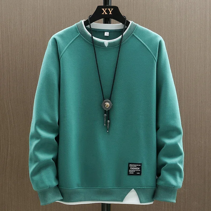 

LIBIELIY 2025 New Mens Casual Sweatshirts Harajuku Solid Color Fashion Fake Two Pieces O-Neck Sweatshirt Hoodies Hip Hop Male St