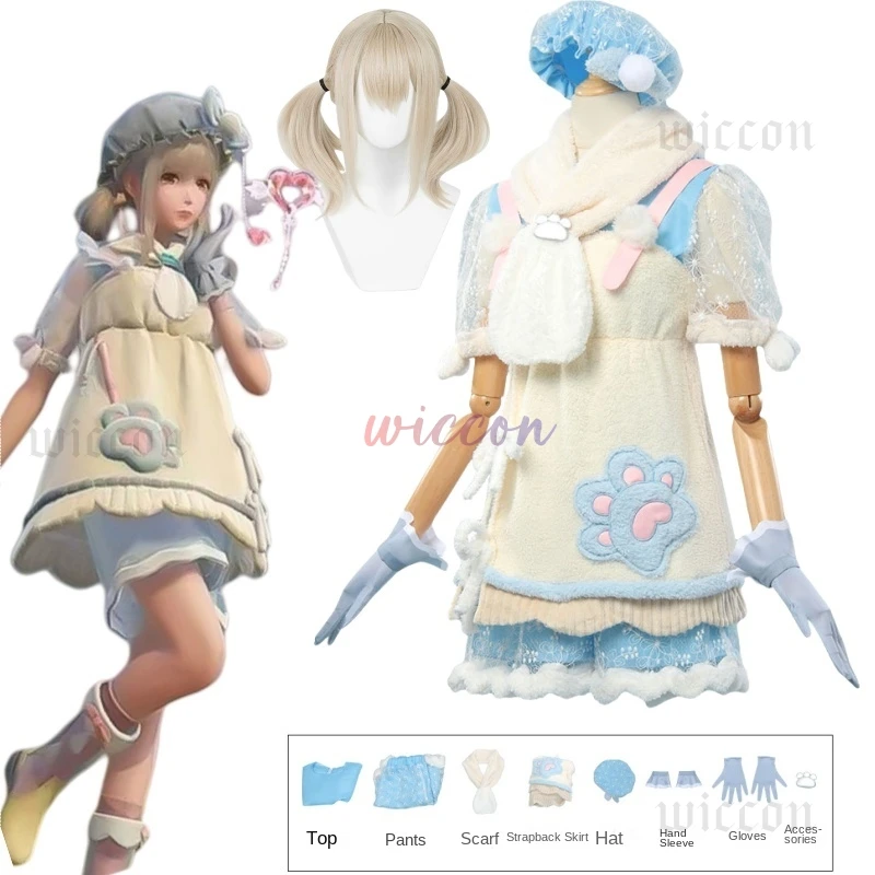 니키 코스프레 게임 인피니티 니키 코스프레 의상 오픈 월드 겨울 로리타 드레스 플러시 스카프 모자 정장 소녀를위한 파티 놀이 복장