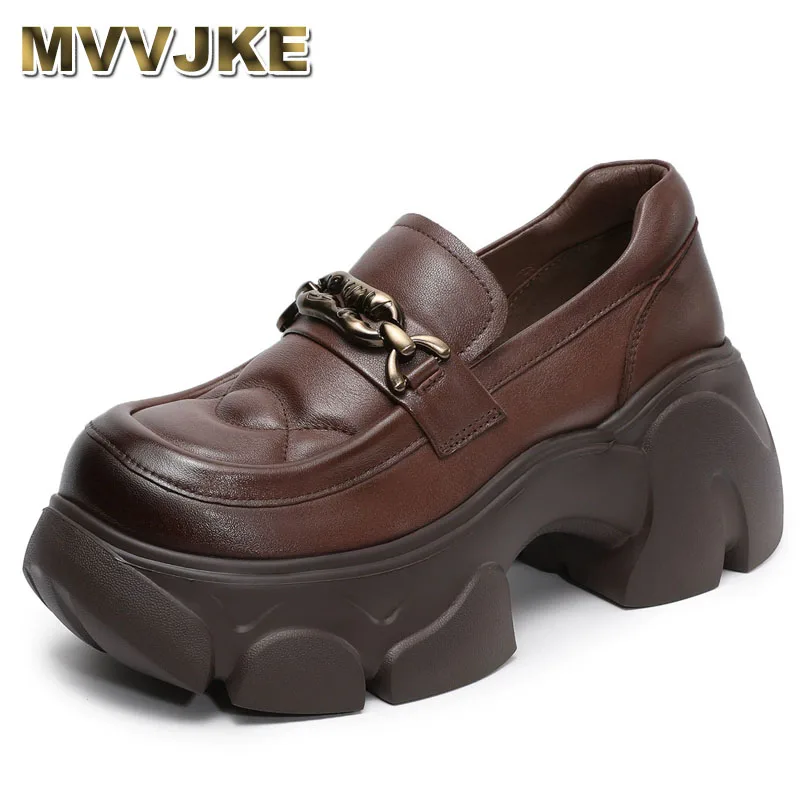 

Женские лоферы на высоком толстом каблуке 7 см, увеличивающие рост, повседневная обувь без шнуровки из натуральной коровьей кожи на металлической массивной платформе, черные