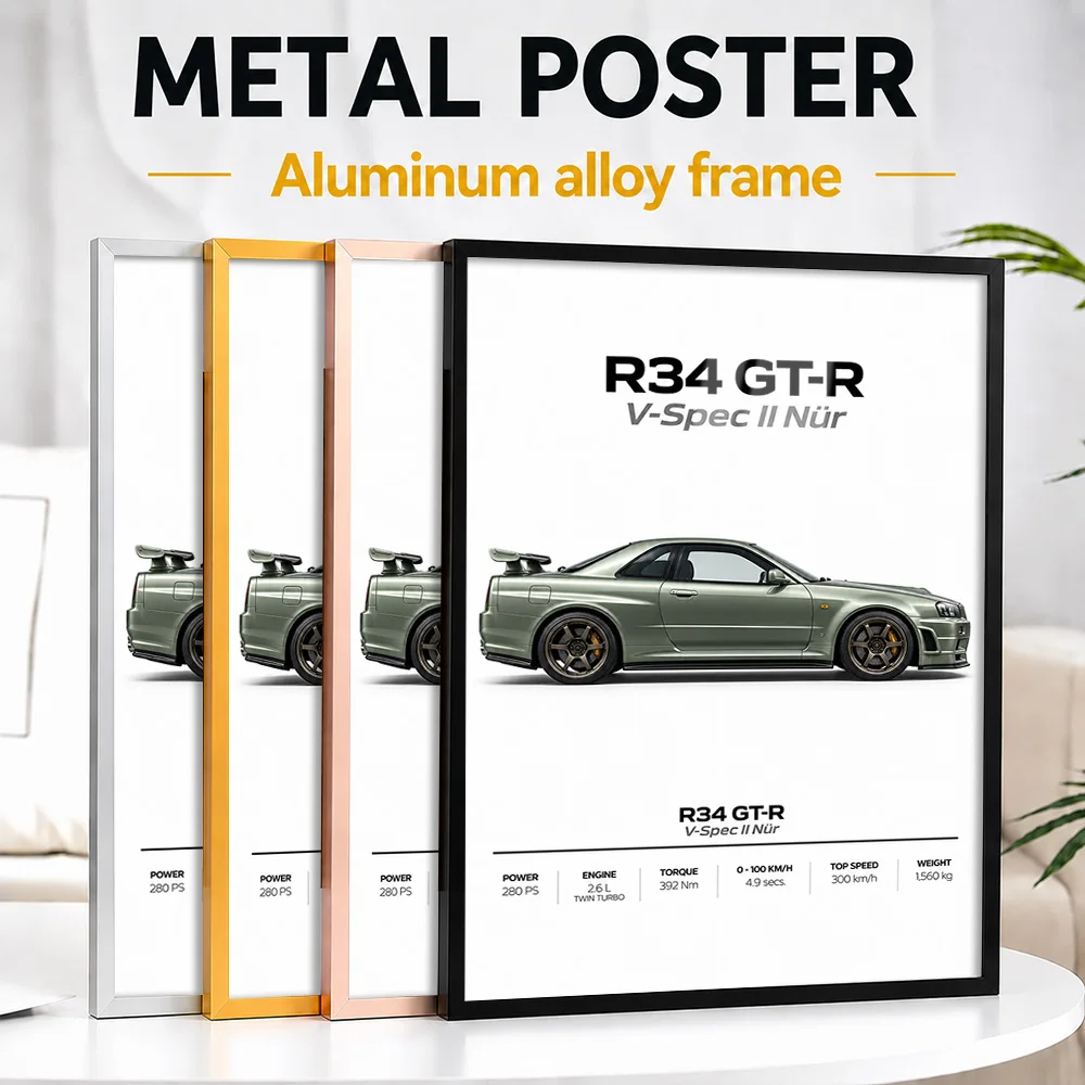 Japanese R34 GT-R V-Spec II Nür Millennium Jade Sports Car Framed Metal Poster Customized Speed Culture Wall Art For Home Office