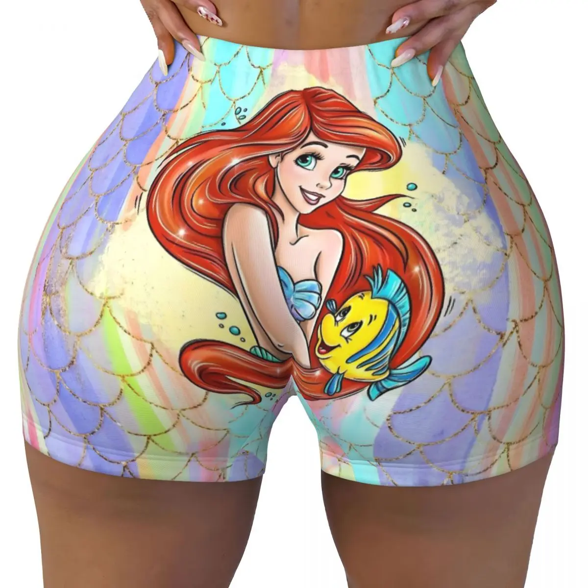 

Изготовленные на заказ шорты для бега с рисунком Русалочки Ариэль, манга, байкерские шорты для бега, женские шорты для спортзала, йоги