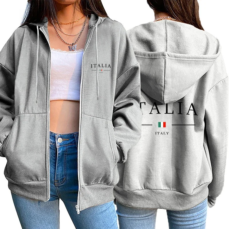 

Italy Letter Printing Womens Jacket Coat Hot Sales Fashion Loose Zipper Tops Sports Hoodie High Quality Casual Woman Clothing