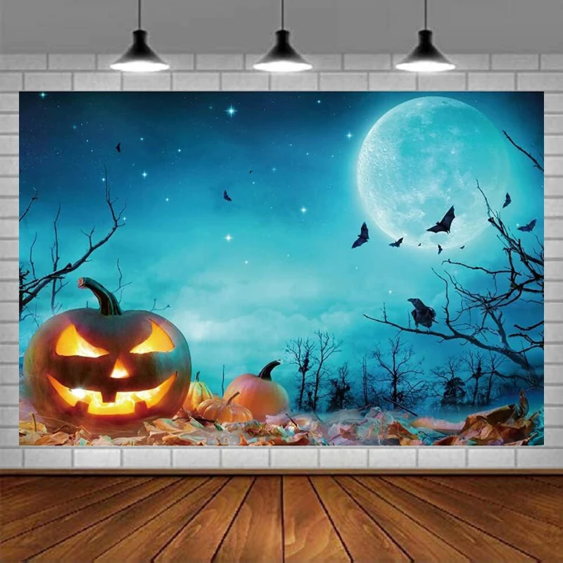 Photography Backdrop Halloween Pumpkin Lantern Gloomy Moon Terror Midnight Bats Dry Branches Background Decor Holiday Banner