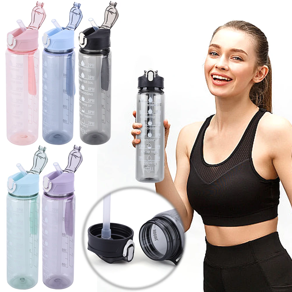 800ml tragbarer Trinkbecher mit Stroh & Griff Fitness-Fitness-Krug große Kapazität motivierende Trink flasche für Jungen Mädchen