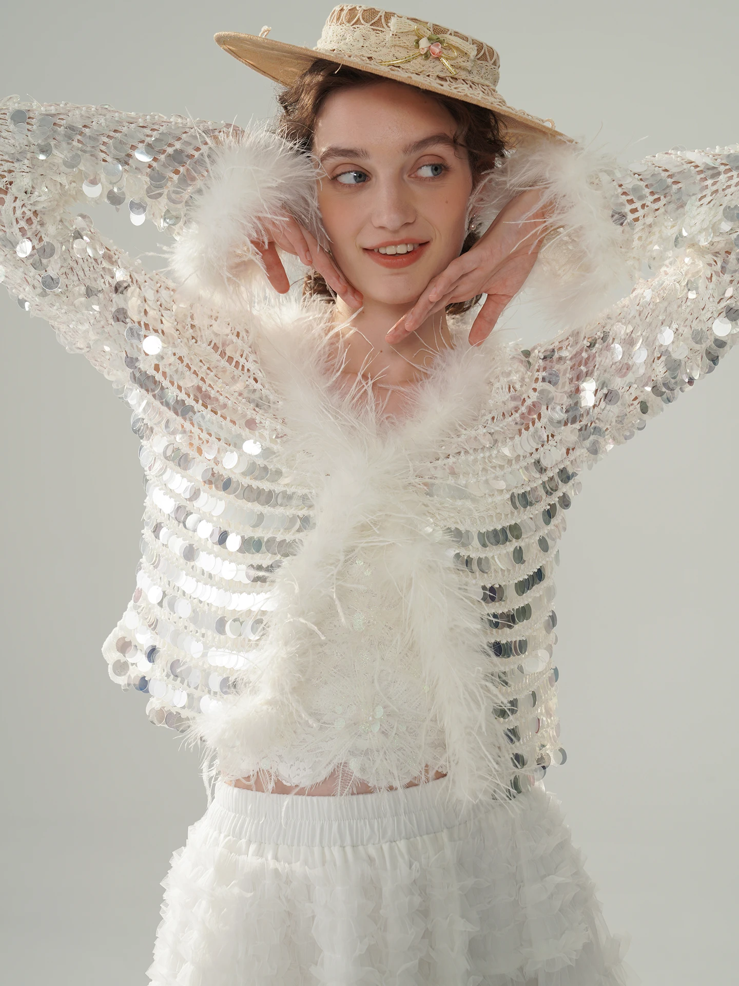 

88-102 см, весенне-осенние кардиганы, топы, женские винтажные элегантные рубашки ручной работы с бисером, сверкающие весы, сексуальные полые рубашки из волосатого меха