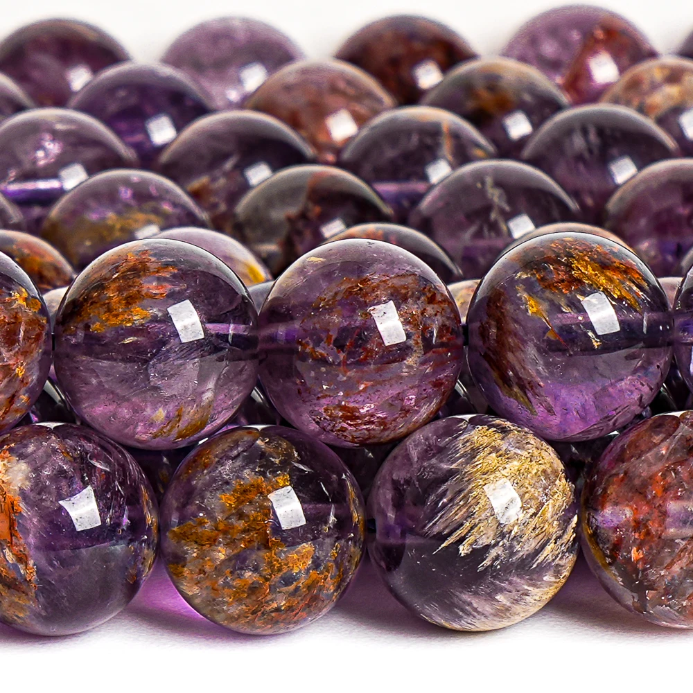 Natural Genuine Smooth Loose Round Beads Amethyst Cacoxenite Inclusions Quartz Bead for Bracelet Necklace Jewelry Making 15.5''