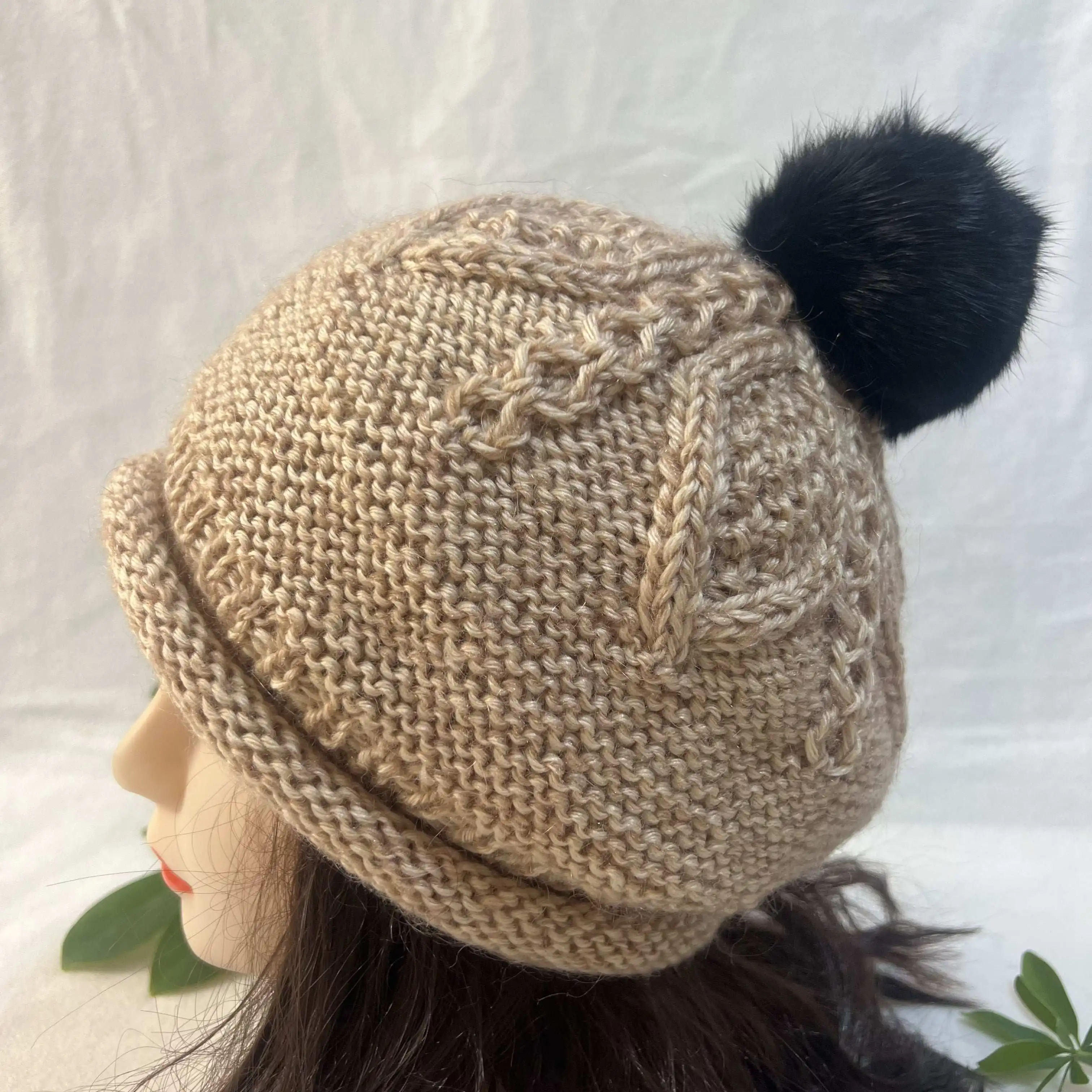 Rabbit Fur Pompom Knit Beret Womens Handcrafted Warm Winter Hat for Relaxed Vacation Wardrobes and Relaxed Outdoor Gatherings