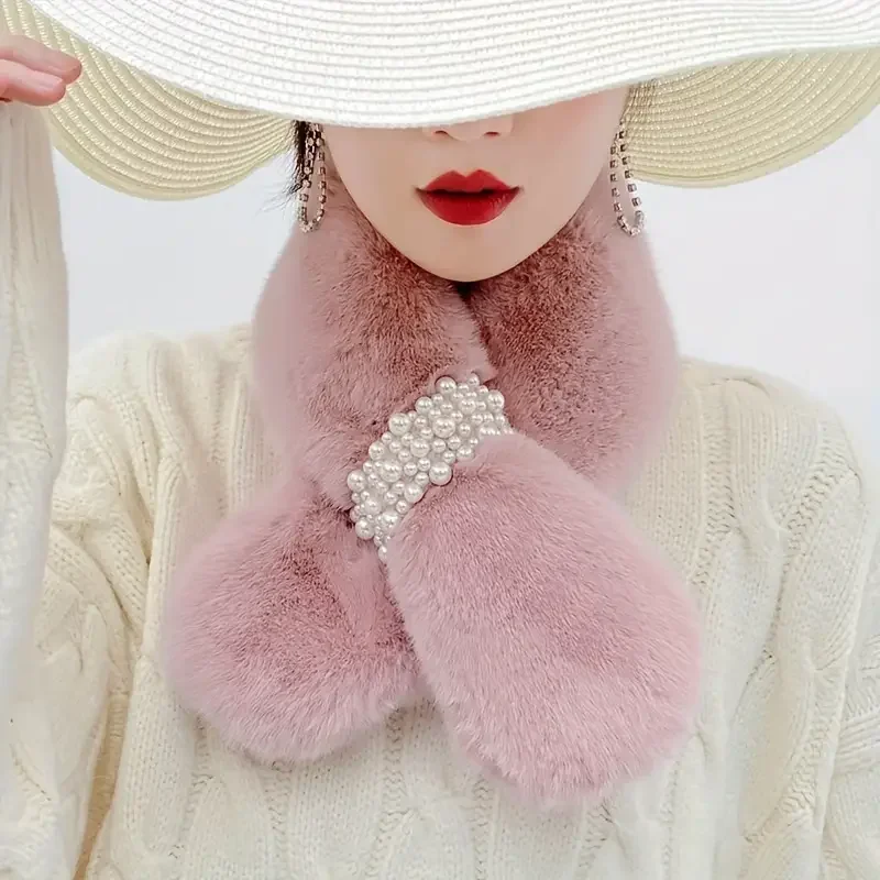 

1-10 шт., зимний плюшевый шарф на шею с жемчужными пуговицами, женский теплый воротник из искусственного кроличьего меха, утолщенный мягкий трендовый утеплитель для шеи