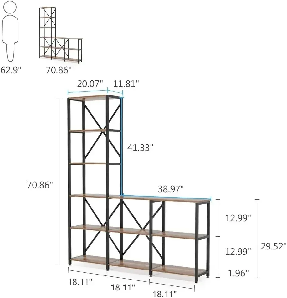 9 Shelves Bookshelves, Industrial Ladder Corner Etagere Bookcase, Rustic 6-Tier Display Open Shelf Storage Organizer