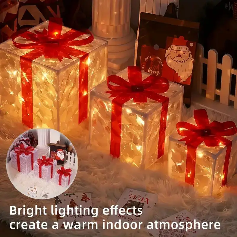 Weihnachtsbeleuchtete Geschenkbox mit Schleife, transparente LED-Warmweiß-Box, Lichter für den Innenbereich, Urlaub, Heimdekoration, Weihnachtsbaumschmuck