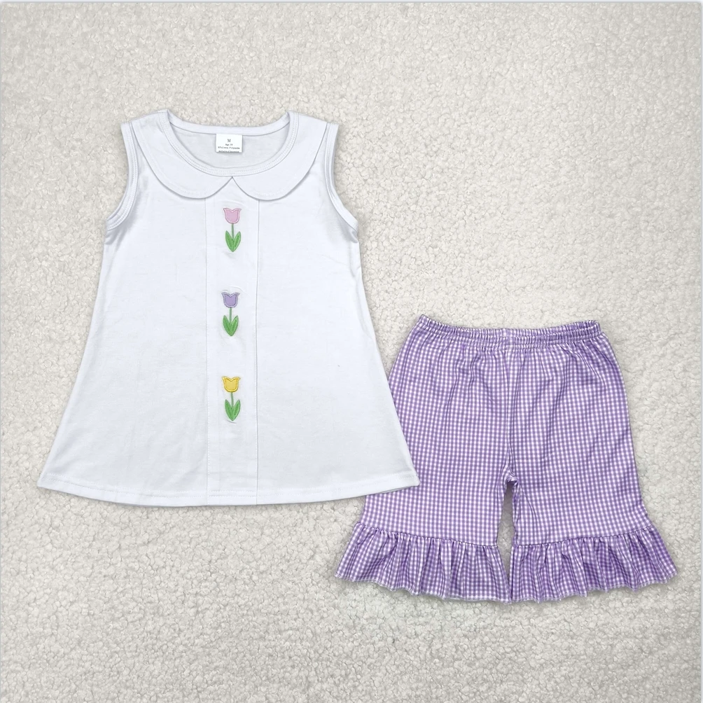 

Toddler Summer Baby girls outfits Embroidery Baby Girls White Tulips Tunic Tops Shorts Children Boutique kids clothing sets