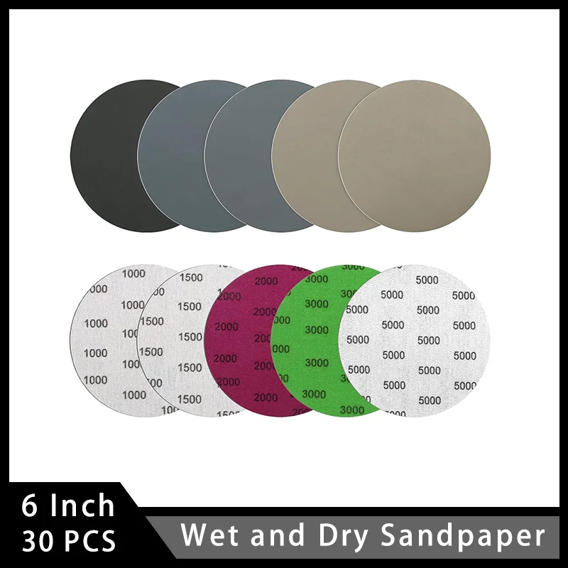 6 Inch Wet Dry Sandpaper 30 PCS Assorted 1000/1500/2000/3000/5000 Grit Hook and Loop for Automotive Wood Metal Polishing