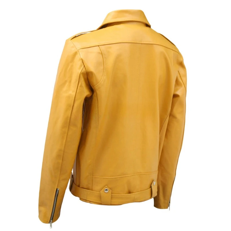 Classic Men's Genuine Lambskin Real Leather Jacket Yellow Casual Wear Biker Coat