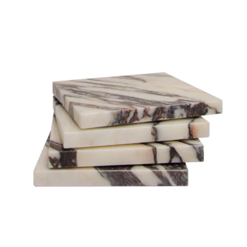 4pcs of 1 Set Calacatta Viola Coasters French Natural Stone Marble Square Luxurious 100% Handmade Tableware Mat Pad