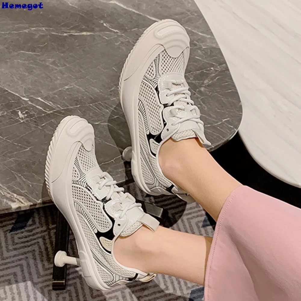 Patchwork Round Toe Thin Heel Sneakers 2025 New Outdoors Lace Up Sports Shoes Mixed Color Fashion Casual Women Slippers