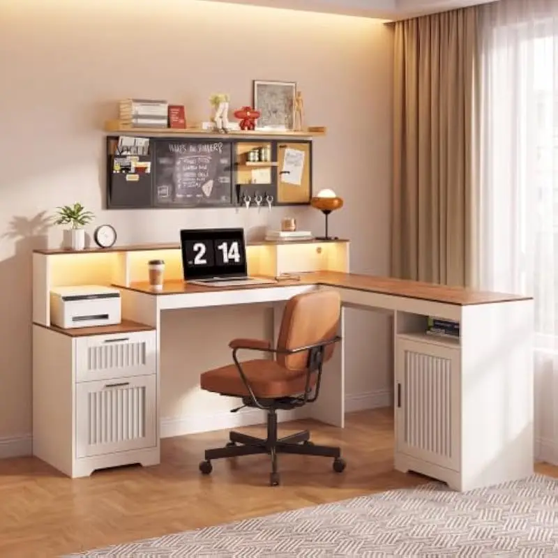 L Shaped 63 Inch Home Office Desk with RGB Lighting System Built In Power Hub 3 AC Outlets 2 USB Ports Dual Monitor Ready Elevat