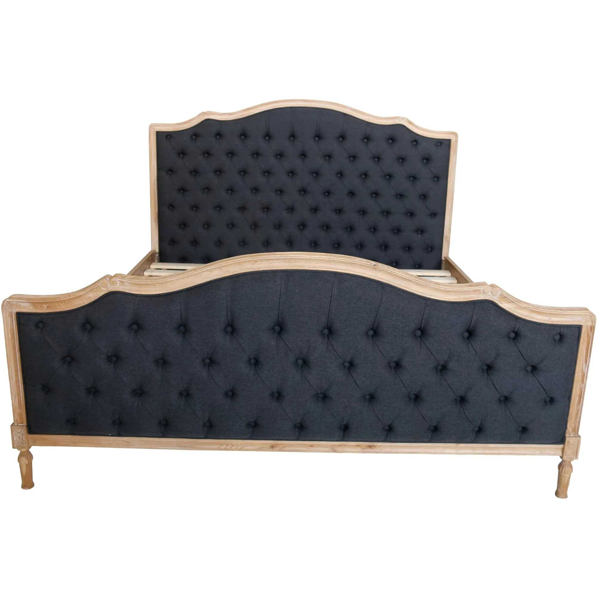 

* French Countryside Bedroom Furniture Classical Solid Oak Wood Button Tufted Upholstered Linen Bed