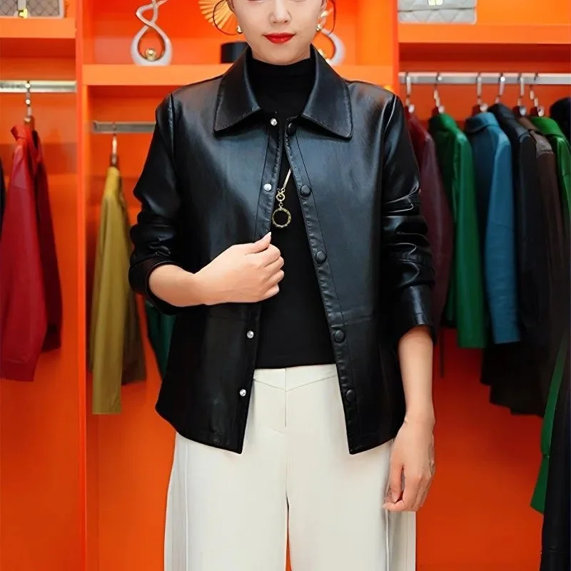 European Female Large Size 5XL PU Leather Jacket Autumn Women Lapel Solid Color Coat Winter Ladies Fashion Faux Leather Outwear