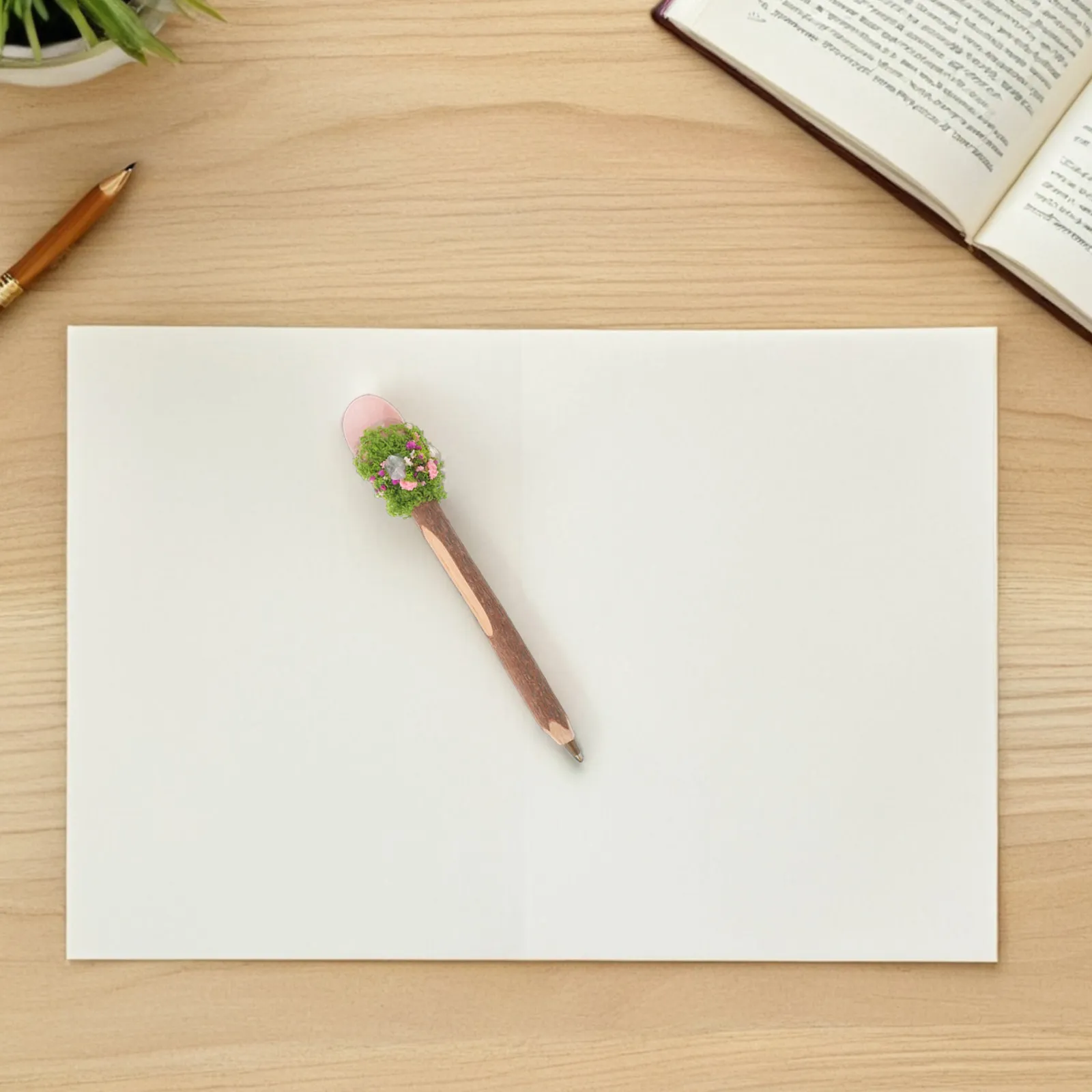 Wood Ballpoint Pen Crystal Top Rustic Tree Bark Texture Medium Point Black Ink Smooth Writing Pen for Office School Home