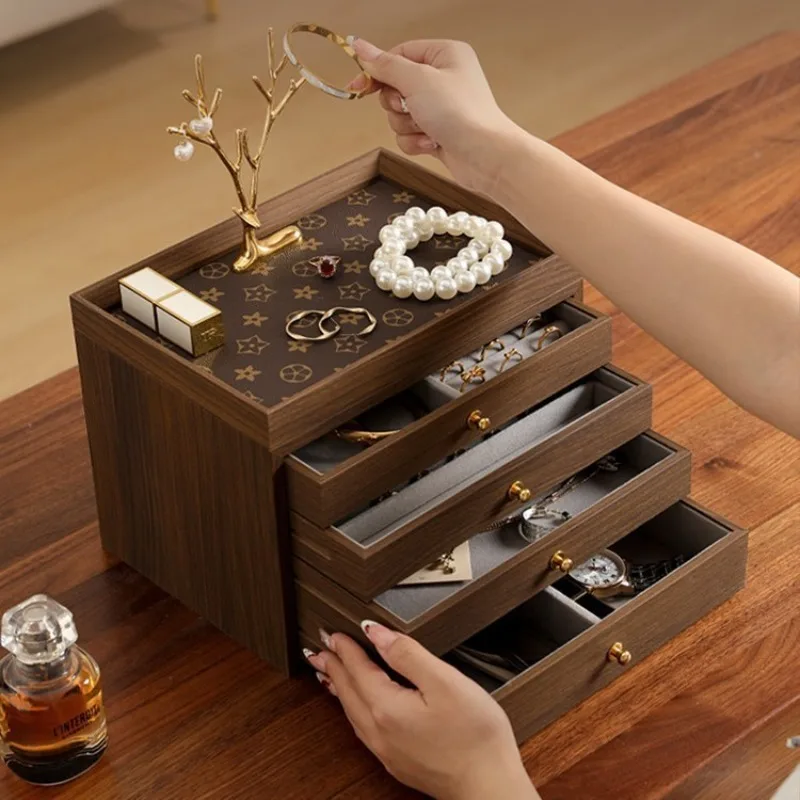 

Walnut Drawer Jewelry Storage Case Earrings Rings Necklaces Trinket Boxes Luxury Display Stand Bracelet Jewelry Showcase Box