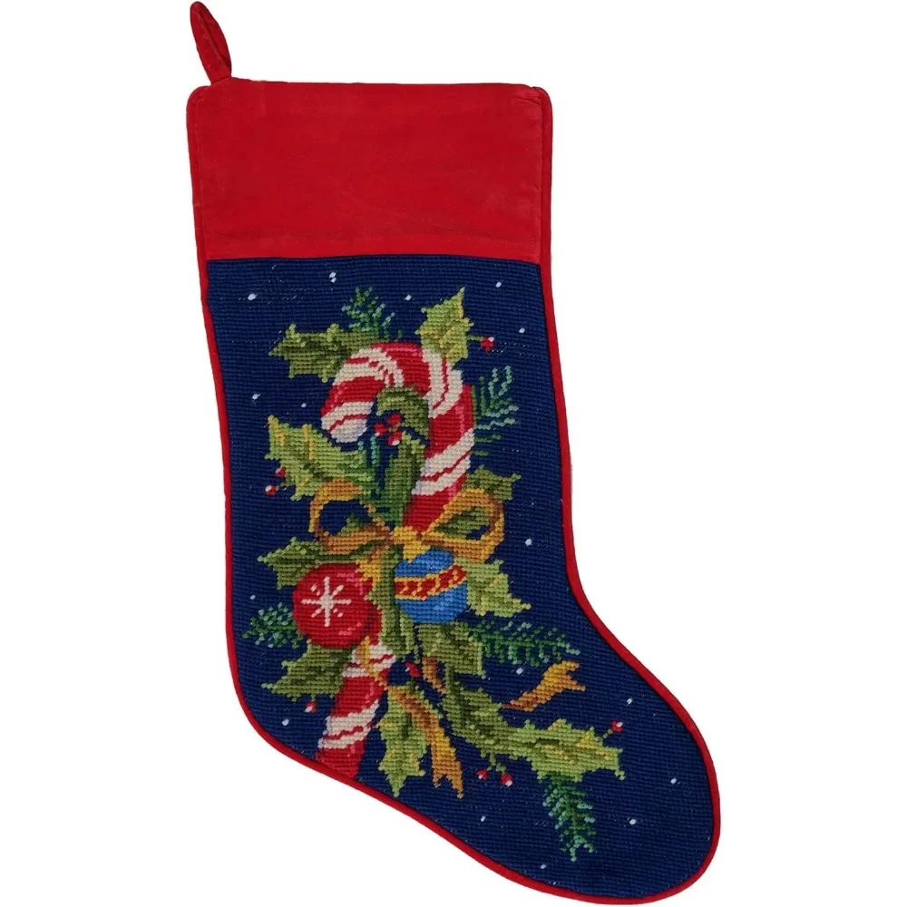 

Holly Candy Canes Wool Needlepoint Christmas Stocking - Festive Holiday Decor