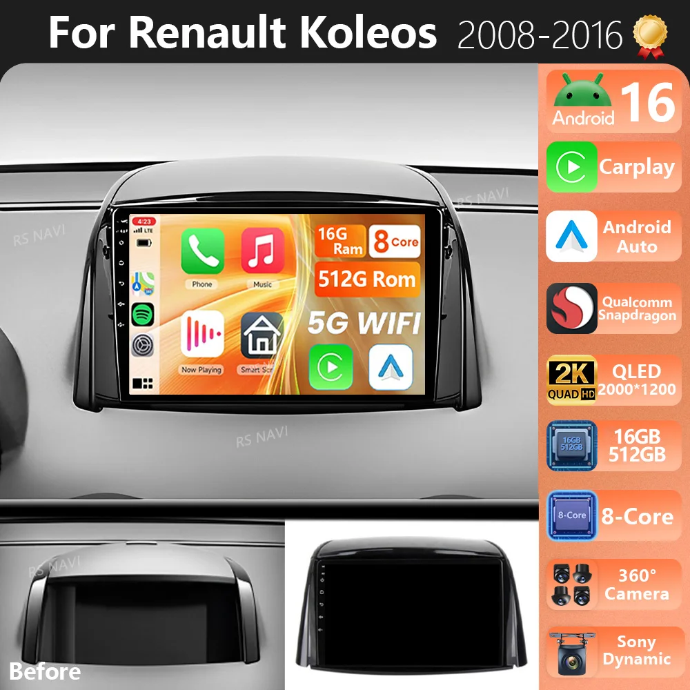 Plug and Play Android 16 For Renault Koleos 2008 -2016 2K QLED Android Car Radio Multimedia Video Player GPS Stereo CarPlay 4G